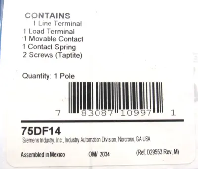 NEW SIEMENS 75DF14 CONTACT KIT 1 POLE SIZE 1