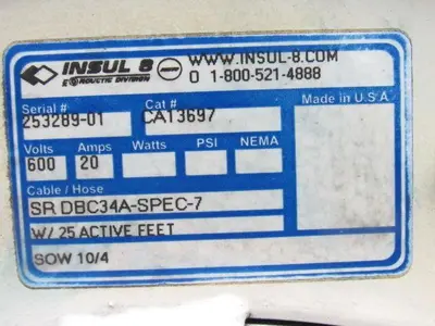 INSUL 8 3697 Hose Reel W/ 25' Active 10 awg 4/C 600V 20Amp Cable