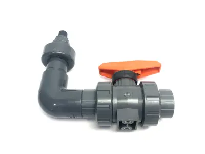 USED GEORG FISCHER TYP 546 PRO BALL VALVE PVC-U, 1" SOCKET ENDS, TO RT ANGLE ADAPTER