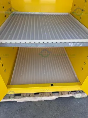 USED JUSTRITE 90 GALLON FLAMMABLE LIQUID STORAGE CABINET W/ SOFT CLOSE DOORS KEY
