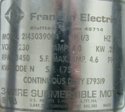 NEW FRANKLIN ELECTRIC 2145039004 SUBMERSIBLE PUMP 3-WIRE 1/3HP 230V