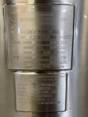 USED 2014 ALLEGHENY BRADFORD 171 LITER STAINLESS STEEL JACKETED REACTOR 45 PSI W/ AGITATOR