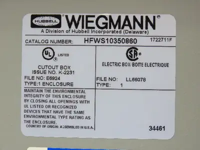 Wiegmann HFWS10350860 Electrical Enclosure JIC 14x12x6" NEMA Type 1