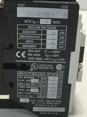 USED ALLEN BRADLEY 100-A09ND3 SER B