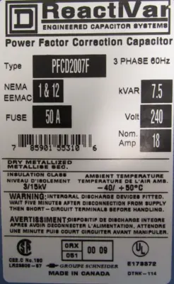 NEW SQUARE D PFCD2007F POWER FACTOR CORRECTION CAPACITOR 7.5KVAR 240V