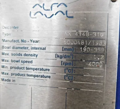 Alfa-Laval NX 414B-31G decanter centrifuge, 316SS.