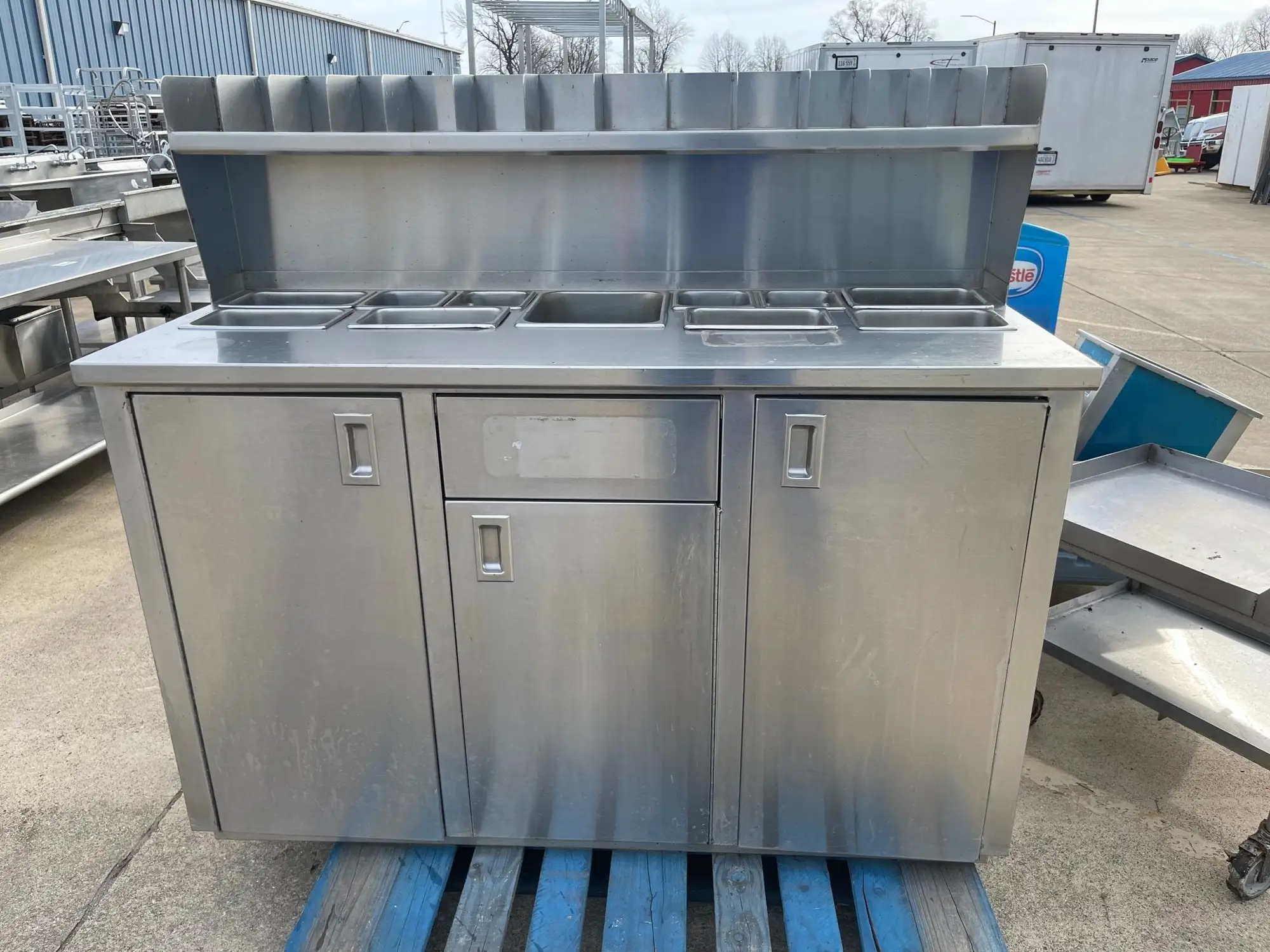 Used Falcon Restaurant Supply Used 60" Stainless Steel Condiment Station Cabinet with Trash Can Compartment - SS203 Restaurant Equipment (Miscellaneous) Illinois US | Falcon Restaurant Supply #1376235