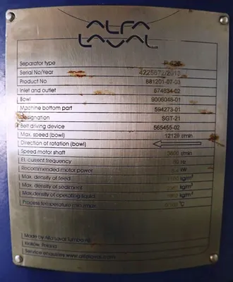 Alfa-Laval P-626 lube oil purifier, 316SS.