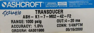 NEW ASHCROFT ASH-K1-7-M02-42-F2 PRESSURE TRANSDUCER 1000 PSIG ASHK17M0242F2
