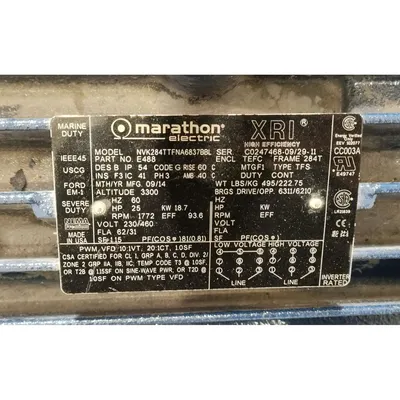 25 HP Marathon XRI Inverter-duty Electric Motor UNUSED! 284T frame [1772 RPM]