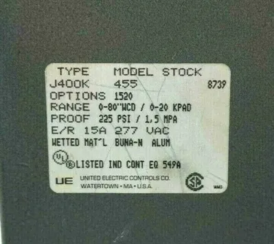 NEW UNITED ELECTRIC J400K-455 PRESSURE SWITCH J400K455