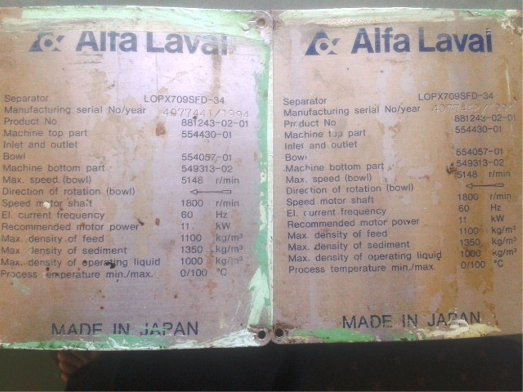 (6) Alfa-Laval LOPX 709 SFD-34 lube oil purifiers, SS.