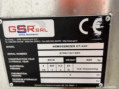 Used GSR SRL CT/400 Cocoa Machinery Homogenizer – 304 SS, 100-600kg Capacity