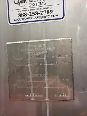 2022 JBT A&B Process Systems Stainless Steel Jacketed Tank with Mixer — MAWP 14.9 PSI @ 200°F — S/N 2106760303A