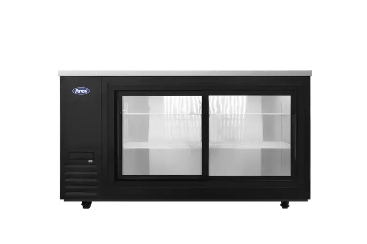 New | in-Stock Atosa New Atosa SBB69SGGRAUS2 69" Back Bar Cooler w/ Sliding Glass Door Shallow Depth (Black Exterior) Bottle Coolers Illinois US | Falcon Restaurant Supply #1375589
