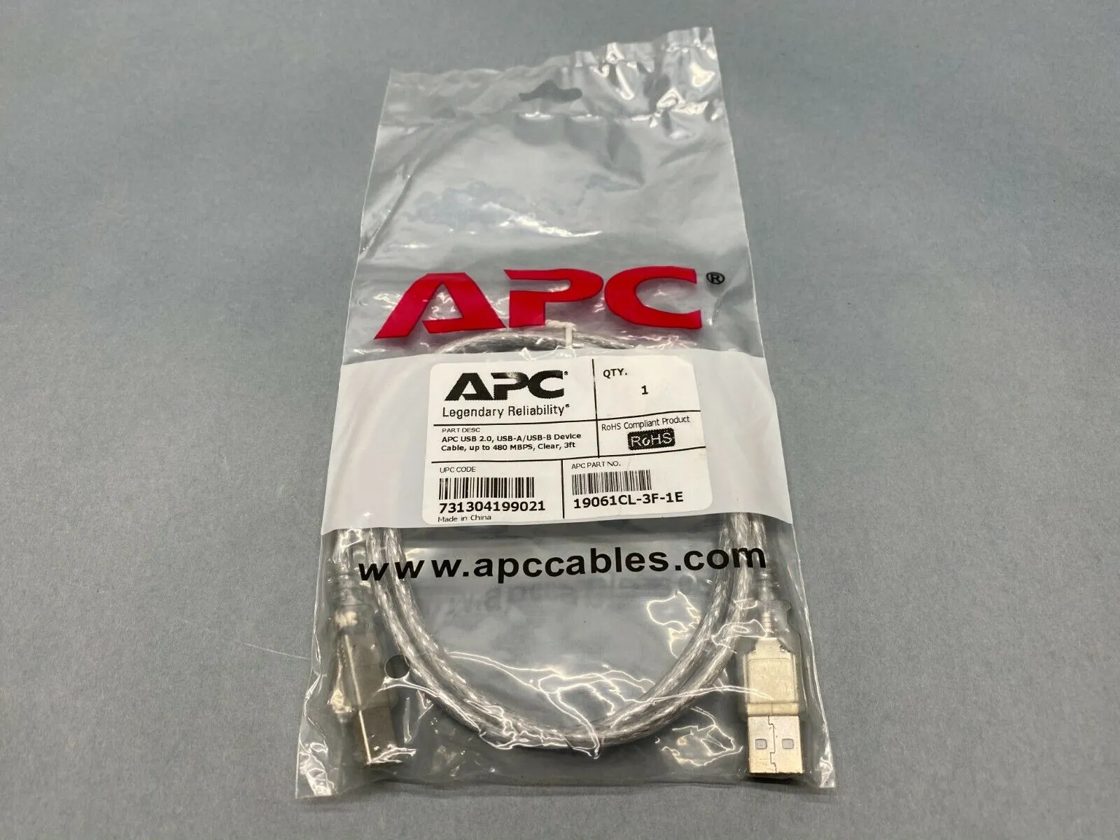 NEW APC CABLE USB 2.0, USB-A / USB-B, 480 MBPS, CLEAR, 3'
