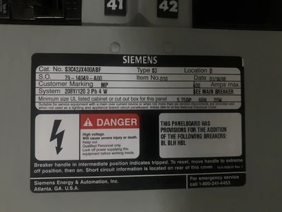 Siemens S3C42JX400ABF Main Breaker Panel 400A, 208Y/120V, 42 Sp