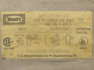 Woods WFC2000-7C E-Trac AC Inverter VFD Drive 230V 1PH to 230V 3PH Output 3/4Hp