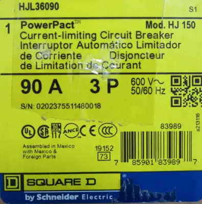 NEW SQUARE D HJL36090 CIRCUIT BREAKER 90A 3P