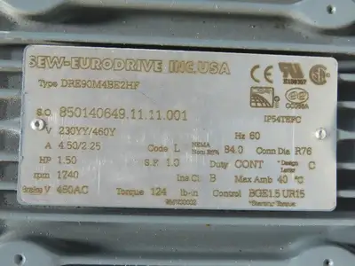 Sew DRE90M4BE2HF 29:1 Ratio 60RPM 1.5Hp 230/460V 3Ph Right Hand Gearmotor