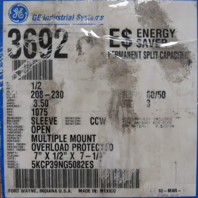 NEW GE 3692 MOTOR 1/2HP 208-230V 1075RPM 5KCP39NG5082ES