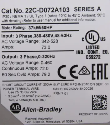 USED ALLEN BRADLEY 22C-D072A103 POWERFLEX 400 SER.A 50HP 22CD072A103