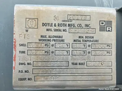 Used Doyle & Roth Shell & Tube Heat Exchanger | 1963 Sq. Ft. | Alloy 400 Tubes | 300 PSI | 2006/2018