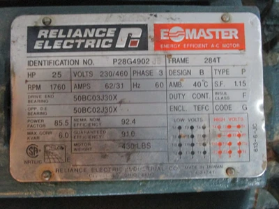 25 HP Reliance Electric AC Motor, energy efficient