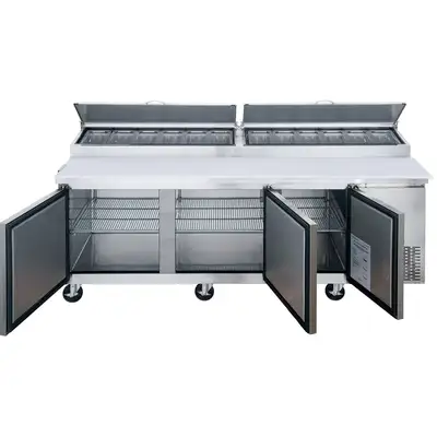 New | in-Stock Dukers New Dukers DPP90-12-S3 Commercial 3-Door Pizza Prep Table Refrigerated Food Prep Tables Illinois US | Falcon Restaurant Supply #1376309