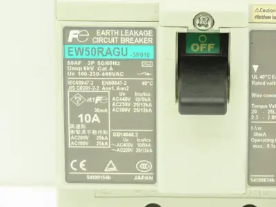Fuji Electric EW50RAGU-3P010 Earth Leakage Circuit Breaker 3-Pole 10A 100-440VAC