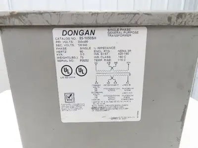 Dongan 85-1050SH Transformer 3KVA 1PH 240v/480v Pri 120v/240v Sec Wall Mount
