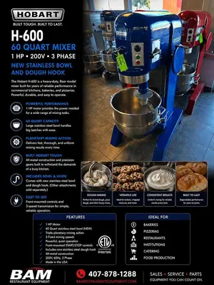 Hobart H-600 60 Qt Mixer 1HP - 3Ph - 200v New Stainless Bowl And Dough Hook