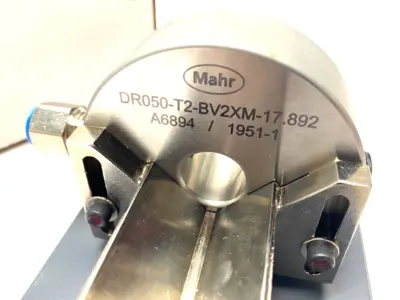 USED MAHR DIMENSIONAIR 2-JET AIR RING GAUGE W/ GUIDE CHUTES & BASE PLATE