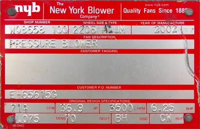 SPC9240  Blower 714 cfm centrifugal fan New York Blower 7.5 hp, CS