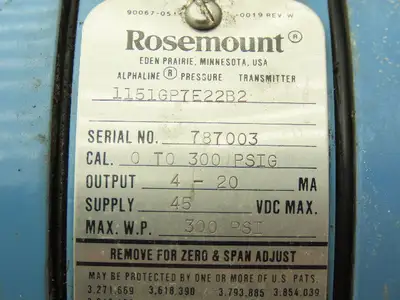 Rosemount 1151GP7E22B2 Alphaline Pressure Transmitter 45VDC 0-300 PSI