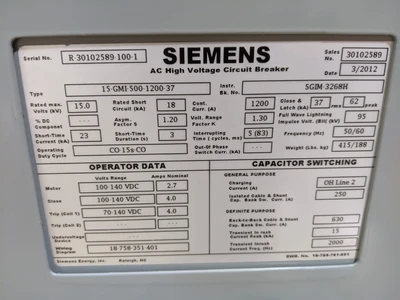 Siemens High Voltage Breaker  15-GMI-500-1200-37