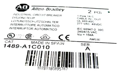 NEW 2 PCS. ALLEN BRADLEY 1489-A1C010 CIRCUIT BREAKER SERIES A 1489A1C010