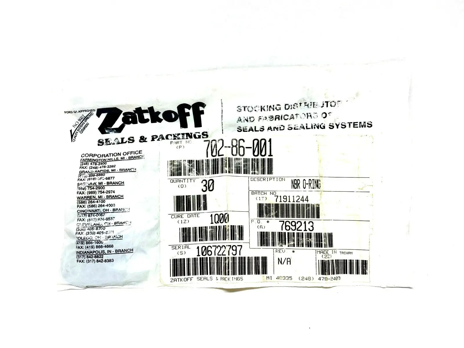 New | in-Stock Zatkoff Seals & Packaging NBR O-Ring LOT OF 30 Cure Date 1Q00 Seals & Gaskets Michigan US | Maverick Industrial Sales #1400193