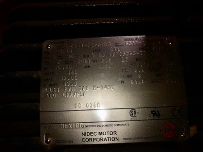 30 hp 1190 rpm 460v Frame 326T US Motors AC Motor , Unused