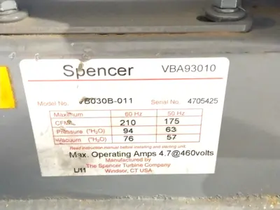 Used Spencer, Spencer Vortex VB030B-011, VBA93010, 36H733-186461 Blowers Michigan US | Maverick Industrial Sales #1396038
