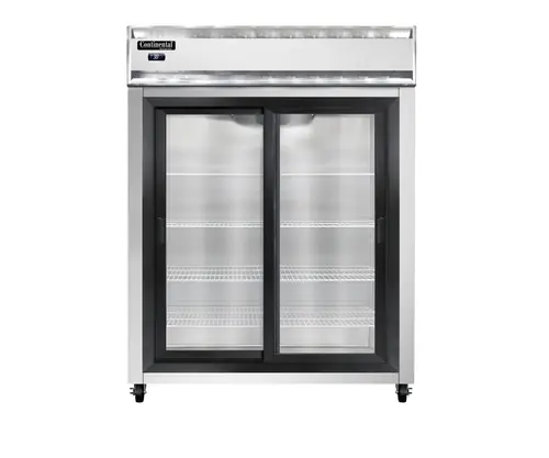Continental 2RESNSASGD 57" Two Section Reach In Refrigerator, (2) Sliding Glass Doors, Top Compressor, 115v