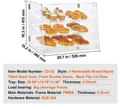 Pastry Display Case, 3-Tier Commercial Countertop Bakery Acrylic Display Case - 20.7" wide