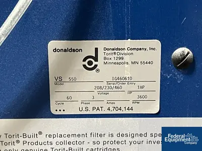 USED Donaldson Torit 65 Sq Ft Torit Dust Collector, C/S, Model VS550, 1 HP