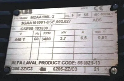 Alfa-Laval P-615 fuel/lube oil purifier, 316SS.