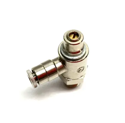 USED CAMOZZI RIGHT ANGLE FLOW CONTROL VALVE 1/8" NPT TO 5/32" TUBE O.D.