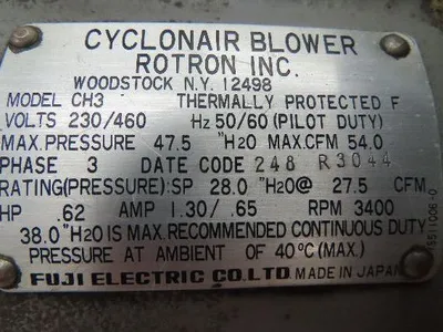 Cyclonair Rotron CH3 Regenerative Blower 54 CFM 1/2Hp 230/460V 3PH 1-3/4"