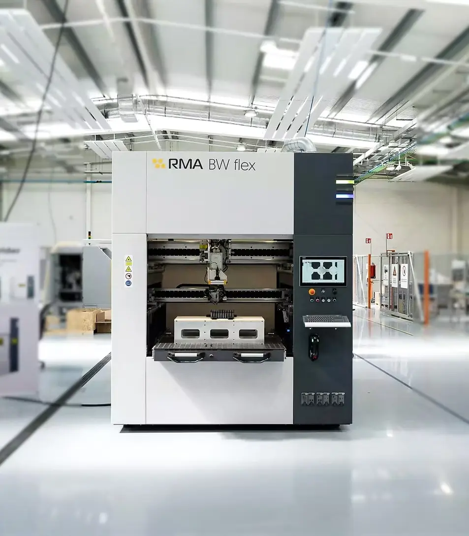 RMA BW Series battery laser welding machine on a production floor