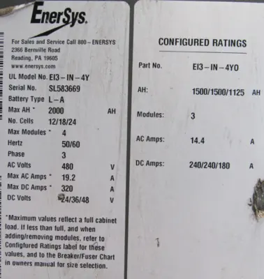 USED ENERSYS EI3-IN-4Y BATTERY CHARGER EI3-IN-4Y0