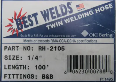 NEW BEST WELDS RH-2105 TWIN LINE WELDING HOSE 1/4" 100 ft. RH2105