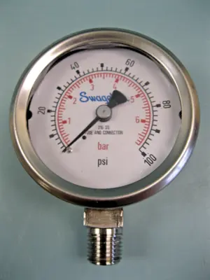 Lot (4) Swagelok 1/4" NPT Gauge 316 Stainless 0-100 PSI 1.5" Face G3